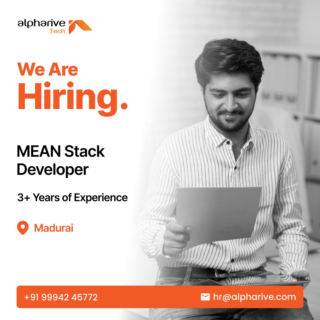 alpharivetec's tweet image. 🚨 We’re Hiring!
Your next #career move starts here.
📩 Apply now: hr@alpharive.com
📞 Contact: +91 9994245772
#MEANStackDeveloper #WeAreHiring #MaduraiJobs #DeveloperOpening #HiringNow #MEANStack #HiringAlert #Hiring #JobOpening #HiringAlert #NowHiring #madurai #tamilnadu