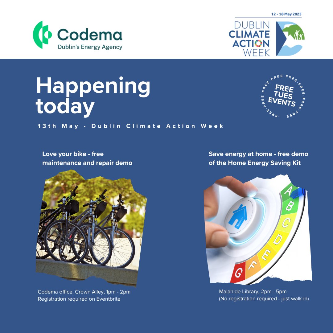 Codema (@codemadublin) on Twitter photo Day 2 of #DCAW25! Here’s what we've on today:
🚲 Free bike repair demo
🕐 1–2pm
🎟️ Register: bit.ly/4dabF9y
🏡 Save energy @ home <a href="/fingallibraries/">Fingal County Libraries</a> 
🕑 2–5pm, Malahide Library
🔌 Drop in for home energy tips + <a href="/EnergySavingKit/">HomeEnergySavingKit</a>  demo
☀️ Fab day in #Malahide, see you there! Day 2 of #DCAW25! Here’s what we've on today:
🚲 Free bike repair demo
🕐 1–2pm
🎟️ Register: bit.ly/4dabF9y
🏡 Save energy @ home <a href="/fingallibraries/">Fingal County Libraries</a> 
🕑 2–5pm, Malahide Library
🔌 Drop in for home energy tips + <a href="/EnergySavingKit/">HomeEnergySavingKit</a>  demo
☀️ Fab day in #Malahide, see you there!