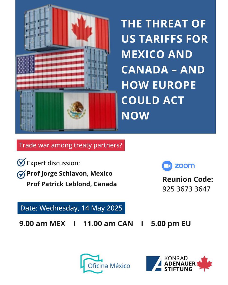 Auslandsinformationen (@auslandsinfo) on Twitter photo Die USA drohen Kanada und Mexiko mit Zöllen. Wie reagieren die Nachbarn? Und was plant Europa? In einem Webinar der <a href="/KAS_Canada/">Konrad-Adenauer-Stiftung Canada</a> & <a href="/kasmexiko/">KAS_México</a> diskutieren Experten über die US-Zollpläne. Jetzt anmelden: kas-de.zoom.us/webinar/regist… Die USA drohen Kanada und Mexiko mit Zöllen. Wie reagieren die Nachbarn? Und was plant Europa? In einem Webinar der <a href="/KAS_Canada/">Konrad-Adenauer-Stiftung Canada</a> & <a href="/kasmexiko/">KAS_México</a> diskutieren Experten über die US-Zollpläne. Jetzt anmelden: kas-de.zoom.us/webinar/regist…