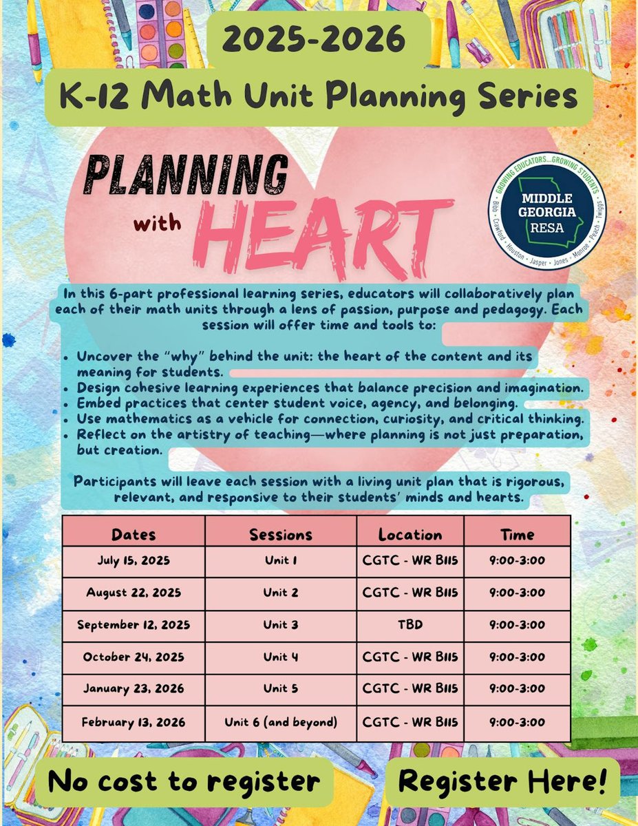 📢 K-12 math educators!
 Join us for the 2025–2026 Math Unit Planning Series: Planning with HEART ❤️
✅ Design passionate, purposeful units
✅ Center student voice &amp; creativity
✅ Leave with a living, rigorous unit plan
#GrowingEducators #GrowingStudents