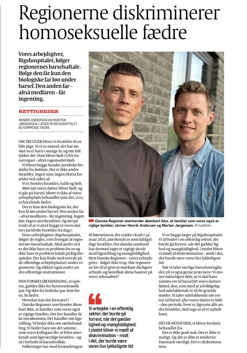Det er helt galt når homoseksulle fædre der arbejder i sundhedsvæsnet, ikke har de samme barselsrettigheder som lesbiske og heteroseksuells par. 

Derfor stiller <a href="/radikale/">Radikale Venstre</a> nu forslag om at forholdende skal ligestilles, så vi sikre par som Henrik og Morten en ordentlig barsel.