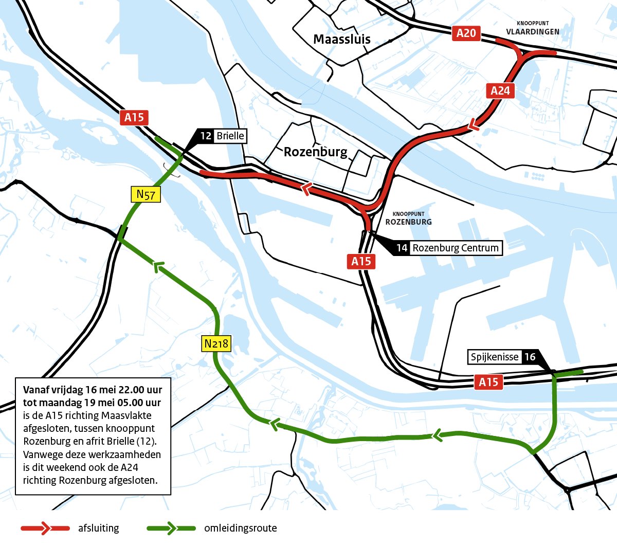 🚧Let op! Van vrijdag 16 mei 22.00 uur tot maandag 19 mei 05.00 uur is de #A15 richting Maasvlakte afgesloten tussen knooppunt Rozenburg en afrit Brielle (12). Plan je route slim en reken op extra reistijd. Meer info: blankenburgverbinding.nl/nieuws/3043764…