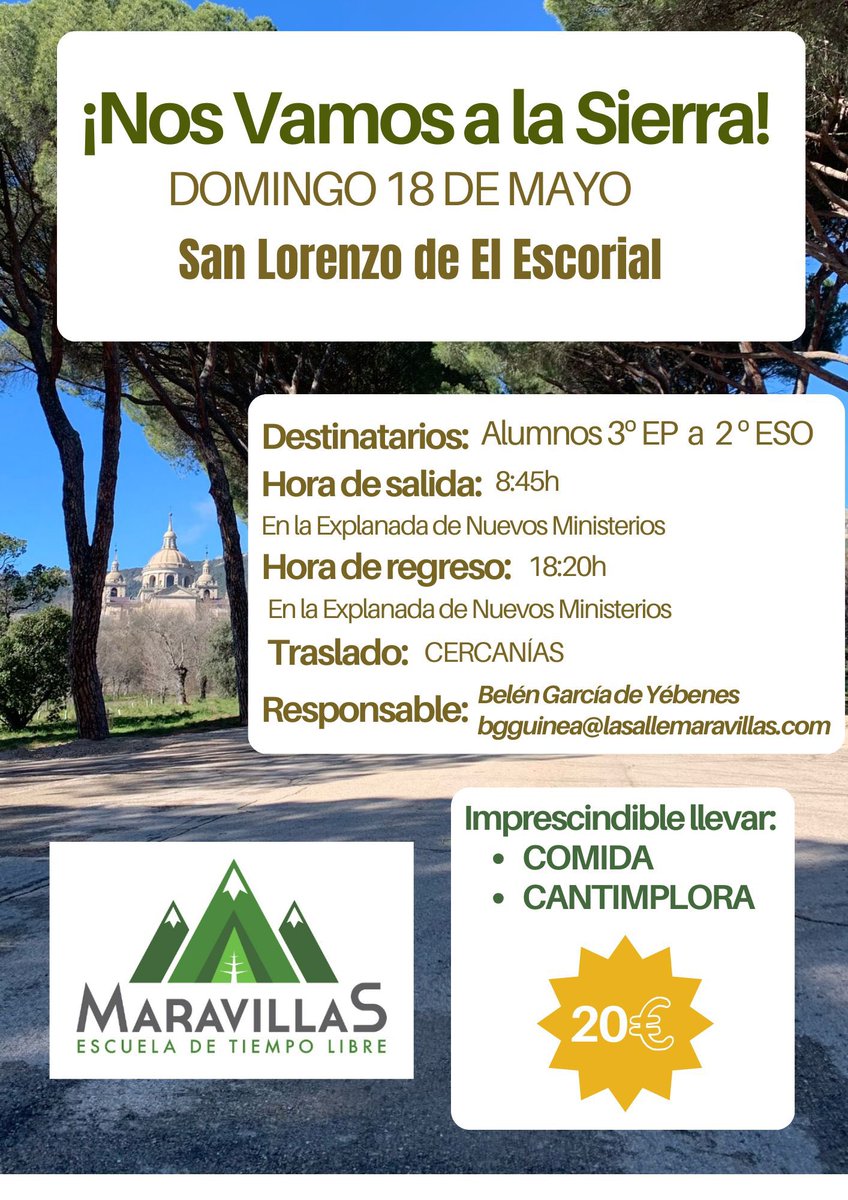 Este fin de semana, vuelve… ¡Nos vamos a la sierra! ⛰️
Apúntate ya y disfruta de un día increíble de actividades, juegos y amigos!
<a href="/lsmaravillas/">Colegio La Salle Maravillas</a>