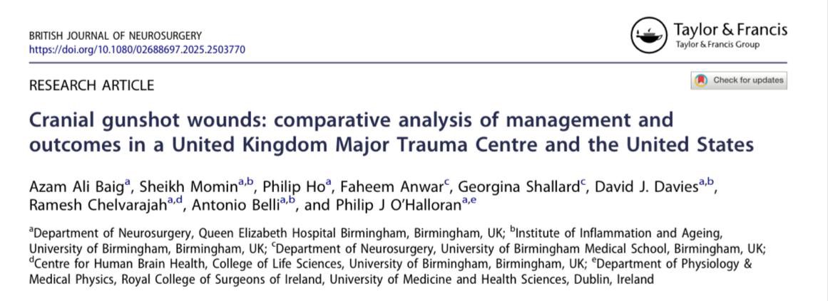 Congratulations to our neurotrauma academic team on another publication!

Great work on our 25-year experience of cranial gunshot wounds on 13 patients calling for future clinical guidelines to include how to manage these life-threatening injuries.

doi.org/10.1080/026886…