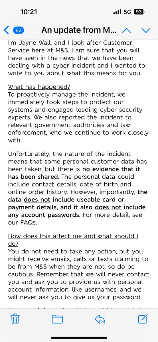 So <a href="/marksandspencer/">M&S</a> have sent a message to say that customer data has been stolen BUT most importantly card details have not been taken. Yes because they can’t do anything with your name, address information and date of birth along with who knows what else 🙄 nice one M&amp;S