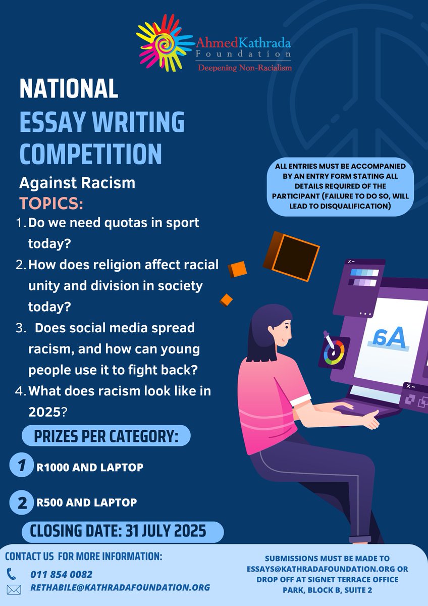 🚨 CALLING ALL YOUNG VOICES!

The 2025 National Essay, Poetry &amp; Art Competition Against Racism is now open! 💃

Are you between 13–21 years old? Share your views, raise your voice, and stand a chance to win cash prizes and a laptop!

📝 Choose one of these powerful topics:

1. Do