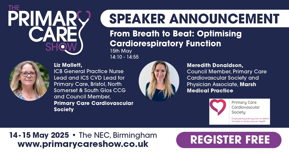 Primary Care Cardiovascular Society (@pccs_uk) on Twitter photo From Breath to Beat: find out about optimising cardiorespiratory function with our Council Members, Liz Mallett & Meredith Donaldson <a href="/PrimaryCareShow/">The Primary Care Show</a> in the Nursing Programme on 15th May at The NEC, B'ham.
You can still register free here:
forms.reg.buzz/the-primary-ca… From Breath to Beat: find out about optimising cardiorespiratory function with our Council Members, Liz Mallett & Meredith Donaldson <a href="/PrimaryCareShow/">The Primary Care Show</a> in the Nursing Programme on 15th May at The NEC, B'ham.
You can still register free here:
forms.reg.buzz/the-primary-ca…