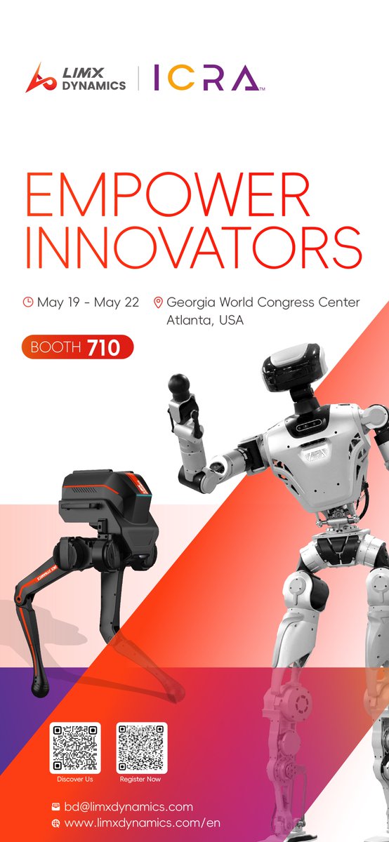 LimX_Dynamics's tweet image. LimX Dynamics is heading to #ICRA2025 @IEEE
Don&apos;t miss TRON 1 live in action with brand-new Expansion Kits!
Stop by Booth #710 for hands-on trials, live demos, and direct talks with our R&amp;amp;D team.
Let&apos;s see how our bipedal platform fuels robotics innovation.
#embodiedAI #Robotics