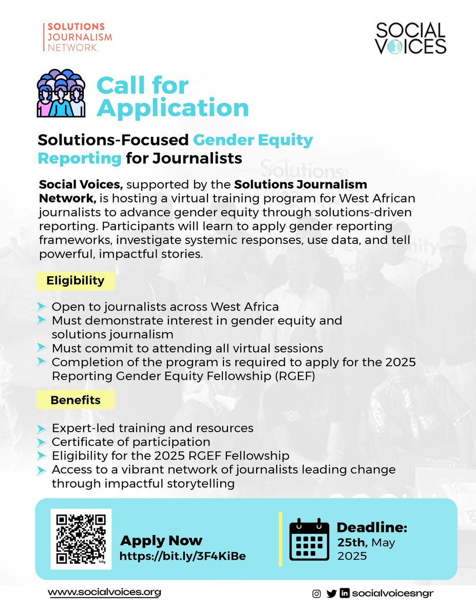 📢 Call for Applications!

<a href="/SocialvoicesNGR/">Social Voices</a>, in partnership with <a href="/soljourno/">Solutions Journalism Network</a>, invites West African journalists to apply for a virtual training program on Solutions-Focused Gender Equity Reporting.

Apply here: bit.ly/3F4KiBe
Deadline: 25 May, 2025.