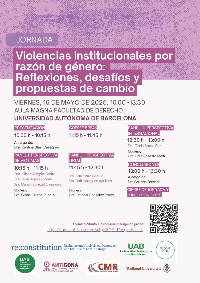 “I Jornada violencias institucionales por razón de género”, on hi participa la nostra companya Nati Veraguas en el Panell II a les 11:30h.

📆 divendres 16 de maig
🕙 de 10:00 a 13:30h
📍 Aula Magna de la Facultat de dret, UAB

Format híbrid.
Inscripcions: forms.office.com/e/x4gYi3QPLd?o…