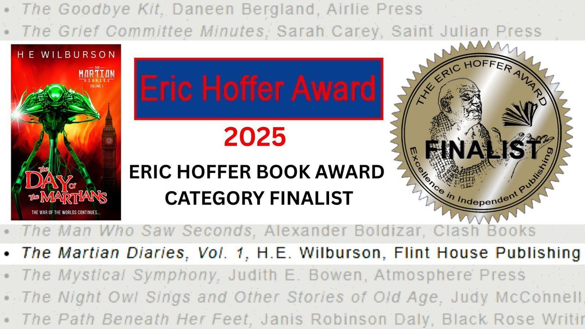 Delighted and honoured to be a category finalist in the 2025 Eric Hoffer Book Awards! 🥉 

The Martian Diaries is a 3-part faithful continuation of The War Of The Worlds in books and audiobooks featuring original music &amp; sound effects 📚 🎧 

martiandiaries.com

#HofferAward