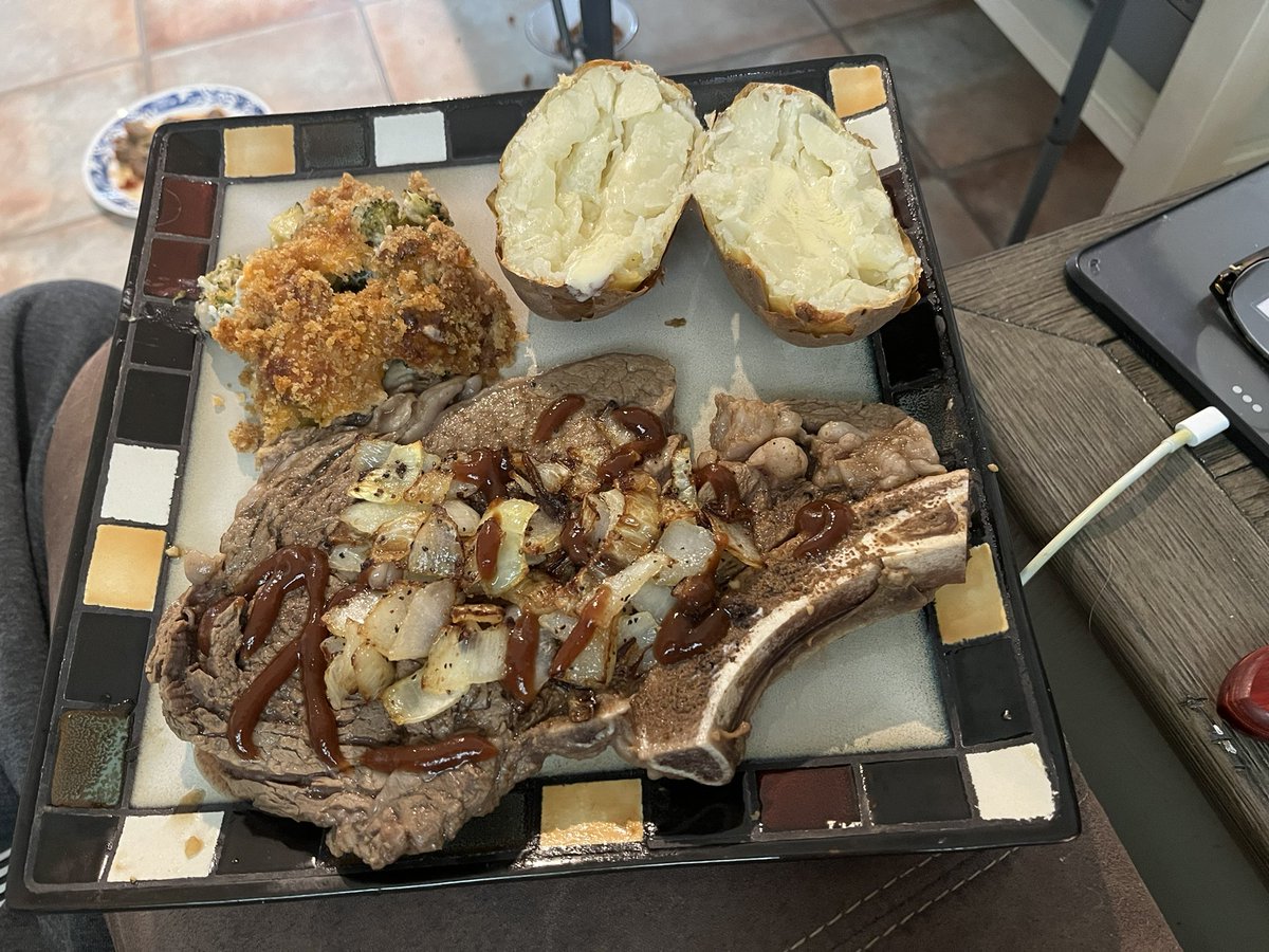 Steak dinner last night…yum. And look top left of my plate because of course Jersey has hers on the floor also. We are both spoiled by the Mrs. and just love it. Jersey loved chewing on this bone after and I will probably find it hidden in my bed tonight.