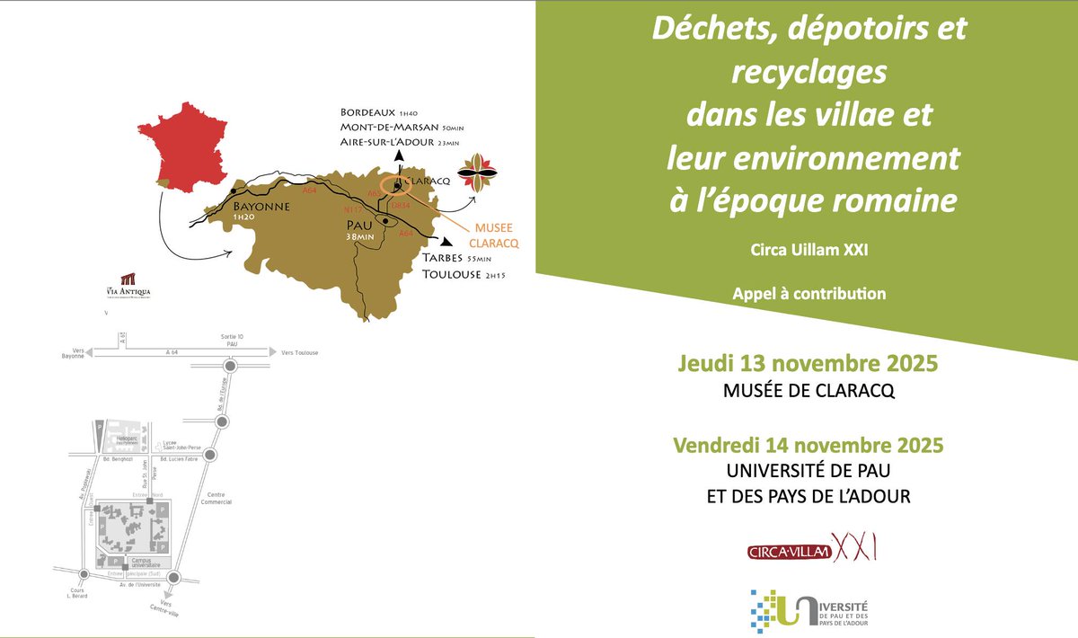 L’université de Pau fait un appel à communication pour sa prochaine rencontre Circa Villam qui sera menée sur le thème des déchets et du recyclage en milieu rural, plus particulièrement dans les villae.
La rencontre aura lieu à Pau et à Claracq les 13 &amp; 14 nov. 2025. #archéologie