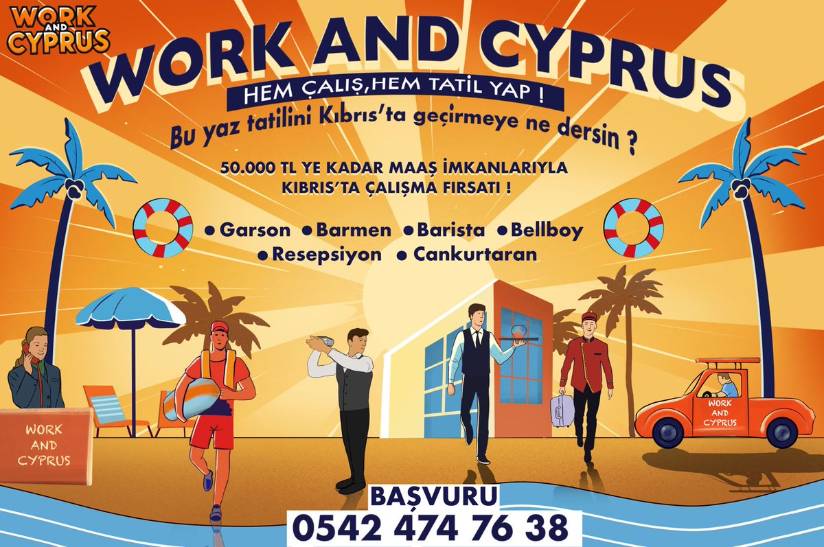 18/29 yaş arası genç arkadaşlar için Kıbrıs'ta 1500$ maaşla hem iş hem tatil hem kariyer imkanı var. Geçtiğimiz Pazar günü ilk 25 kişi lojmanlarına kadar yerleştirildi ve çalışmaya başladılar.
Çalışma şartları konaklama imkanları güzel. Hepsi 5 yıldızlı otel ve 2 kişilik elit