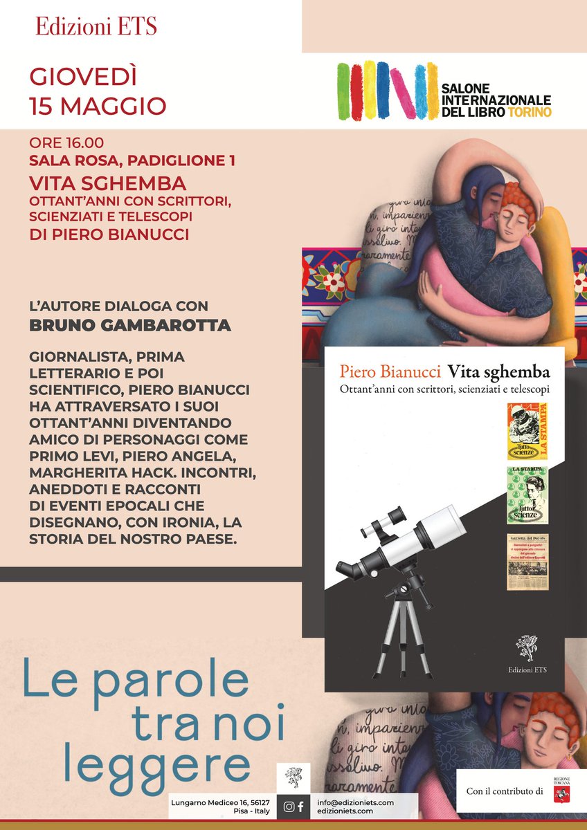 presentazione #SalTo25

VITA SGHEMBA
Ottant’anni con scrittori, scienziati e telescopi
di Piero Bianucci

📷 Giovedì 15 maggio – ore 16:00
📷 Sala Rosa – Padiglione 1

“Siamo – o meglio, diventiamo – gli incontri che abbiamo fatto.”

📷 edizioniets.com/scheda.asp?n=9…

<a href="/PieroBianucci/">Piero Bianucci</a>
