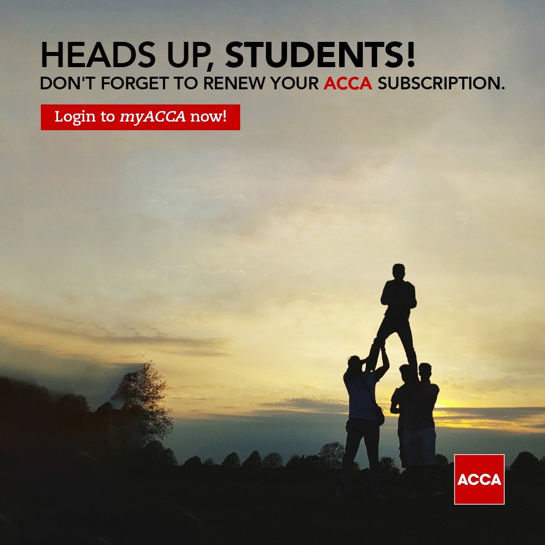 Renew your ACCA subscription today and never miss out on an opportunity.
Log in to your myACCA:
portal.accaglobal.com