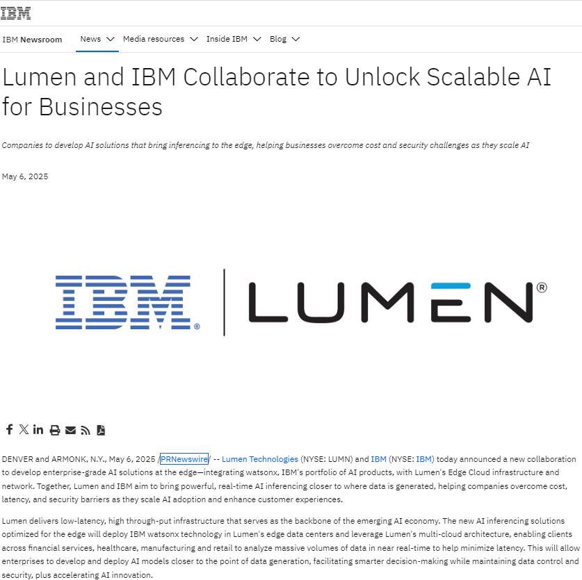 stablegenius47's tweet photo. Lumen and IBM Collaborate to Unlock Scalable AI for Businesses

Companies to develop AI solutions that bring inferencing to the edge, helping businesses overcome cost and security challenges as they scale AI

https://t.co/f4y36cpaBF https://t.co/e3Swdph56G
