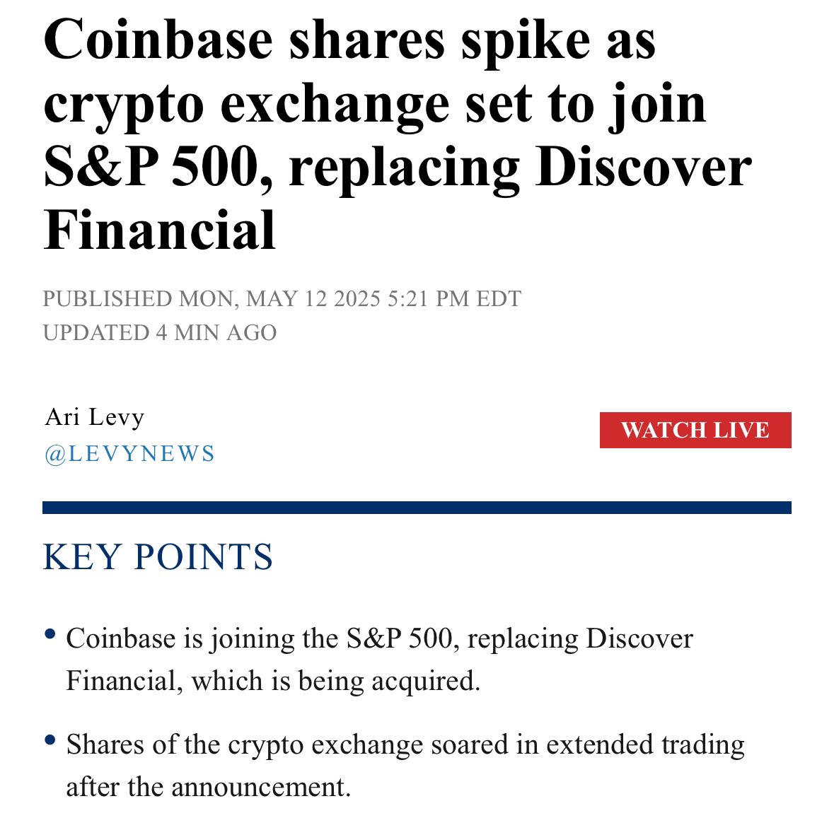 Coinbase just became the first crypto company to join the S&P 500. 10 years  ago, Bitcoin was 
