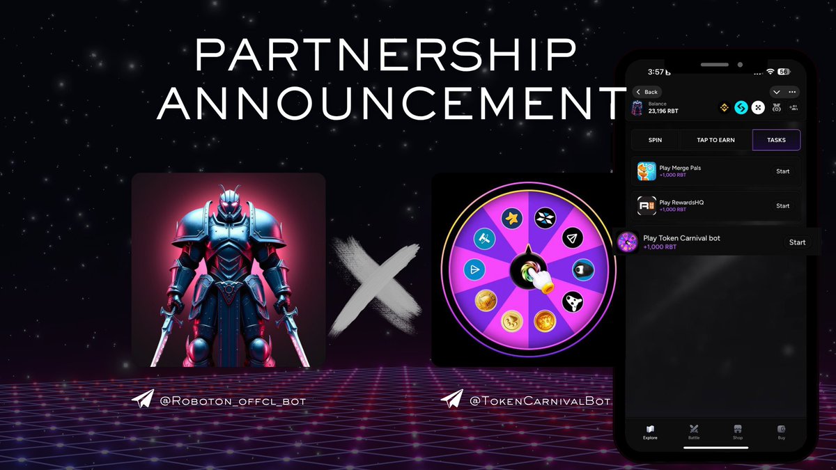 Roboton_Offcl's tweet image. Another alliance in the ROBOTON universe! 🤖⚔️

We’ve teamed up with TokenCarnival 🎡
Spin the wheel, win $TON, $USDT, $NOT &amp;amp; more!

Earn $RBT by completing quests inside the app.
The war is on, warriors!

#TON #CryptoGaming #TokenCarnival #Web3 #PlayToEarn #ROBOTON #RBT #Collab