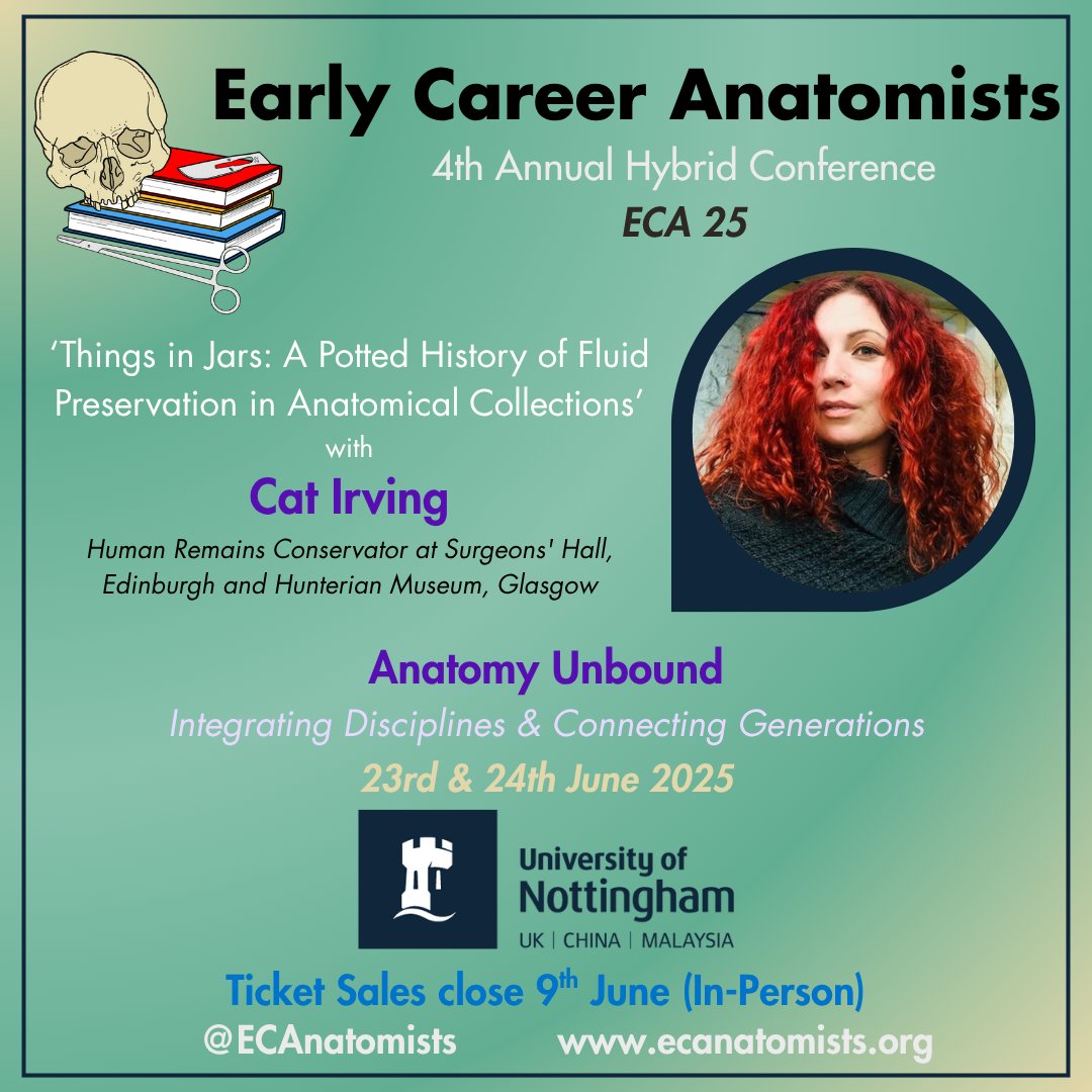 Early Career Anatomists (@ecanatomists) on Twitter photo Time for an #ECA25 Speaker announcement! 🤩
We are excited to have Cat Irving (<a href="/AnatomicalCat/">Cat Irving</a>) from <a href="/surgeonshall/">Surgeons' Hall Museums</a> and <a href="/hunterian/">The Hunterian</a> join us to discuss 'Things in Jars: A Potted History of Fluid Preservation in Anatomical Collections'
Check out ecanatomists.org for all the Time for an #ECA25 Speaker announcement! 🤩
We are excited to have Cat Irving (<a href="/AnatomicalCat/">Cat Irving</a>) from <a href="/surgeonshall/">Surgeons' Hall Museums</a> and <a href="/hunterian/">The Hunterian</a> join us to discuss 'Things in Jars: A Potted History of Fluid Preservation in Anatomical Collections'
Check out ecanatomists.org for all the