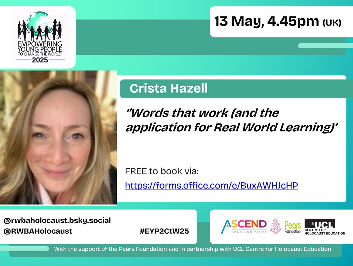 RWBAHolocaust (@rwbaholocaust) on Twitter photo Looking forward to welcoming back our dear friend @cristahazell to TODAY's #EYP2CtW25 series, 13 May, 4pm (GMT) exploring 'Words that Work (and the application for Real World Learning)'
FREE bk: forms.office.com/e/BuxAWHJcHP
RT <a href="/ALL4language/">ALL Languages</a> <a href="/Tatianapopab/">Tatiana Popa #Moldova</a> <a href="/ITLWorldwide/">Independent Thinking</a> <a href="/yorkshirejohn/">John Rolfe MBE</a> Looking forward to welcoming back our dear friend @cristahazell to TODAY's #EYP2CtW25 series, 13 May, 4pm (GMT) exploring 'Words that Work (and the application for Real World Learning)'
FREE bk: forms.office.com/e/BuxAWHJcHP
RT <a href="/ALL4language/">ALL Languages</a> <a href="/Tatianapopab/">Tatiana Popa #Moldova</a> <a href="/ITLWorldwide/">Independent Thinking</a> <a href="/yorkshirejohn/">John Rolfe MBE</a>