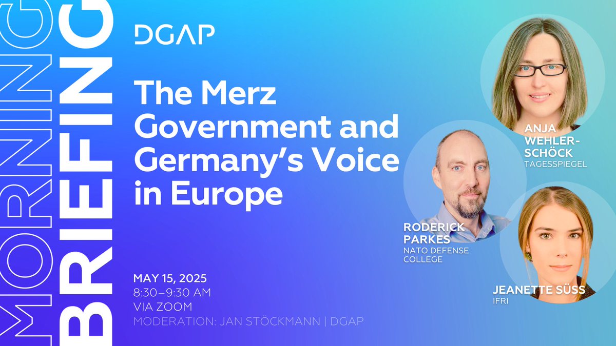 DGAP (@dgapev) on Twitter photo Join our upcoming #MorningBriefing! Together with <a href="/Anja_WS/">Anja Wehler-Schoeck</a>, <a href="/RoderickParkes/">Roderick Parkes</a> & <a href="/su_jeanette/">Jeanette Süß</a>, we will identify the issues that should top chancellor #Merz’s foreign policy agenda and assess the extent to which he is renewing 🇩🇪’s voice in 🇪🇺 and the world.
buff.ly/LQlLMZZ Join our upcoming #MorningBriefing! Together with <a href="/Anja_WS/">Anja Wehler-Schoeck</a>, <a href="/RoderickParkes/">Roderick Parkes</a> & <a href="/su_jeanette/">Jeanette Süß</a>, we will identify the issues that should top chancellor #Merz’s foreign policy agenda and assess the extent to which he is renewing 🇩🇪’s voice in 🇪🇺 and the world.
buff.ly/LQlLMZZ