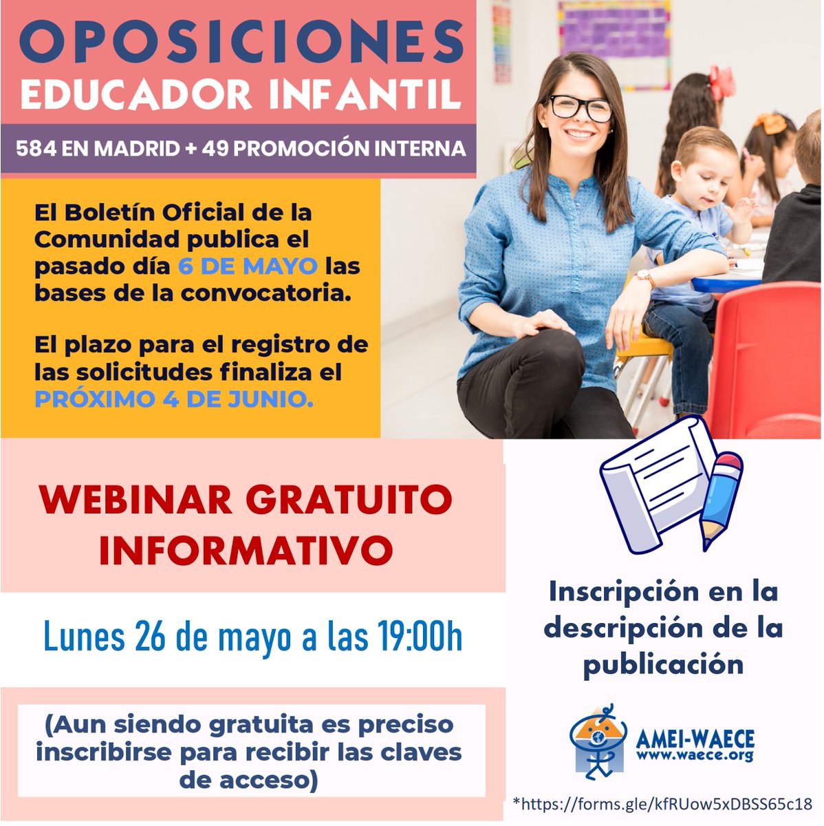 📢 Madrid ha ampliado las plazas para las oposiciones a TSEI. AMEI-WAECE convoca un webinar gratuito por Zoom el  26 de mayo a las 19:00. 👉 Inscripción al webinar en este enlace: forms.gle/kfRUow5xDBSS65…
#OposTSEI #MaestrasDeInfantil #EducadoraInfantil #OposInfantil