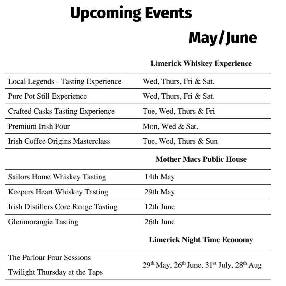 May and June will be busy

Visit:
whiskeyexperience.ie and mothermacs.ie for details