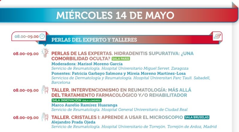 Hoy arranca el 51 Congreso Nacional de <a href="/SEReumatologia/">Soc.Esp.Reumatología</a> en Madrid. Aprovecho para recordar que mañana miércoles a las 08:00 nuestro compañero <a href="/MarcoReudol/">Ramírez Huaranga, Marco A. M.D.,MSc.,PhD.</a> estará presentando el taller de Intervencionismo en Reumatología. ¡Os esperamos a todos!