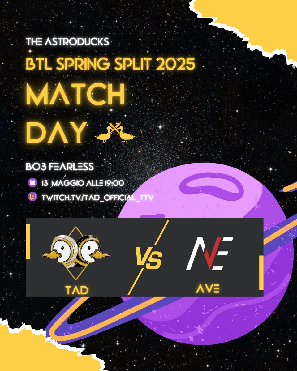 The AstroDucks (@tad_esports) on Twitter photo IT'S MATCH DAY🦆🚀
BTL2025 - SPRING SPLIT - DAY4
⏰Oggi dalle 19:00
🎙️<a href="/Luca_Bacchio/">Luca (HLE fanboy)</a> e <a href="/Breeze0309/">Breeze</a>
📷Bo3 Fearless contro <a href="/AveEsportsTeam/">AveEsports</a>
▶️twitch.tv/tad_official_t… IT'S MATCH DAY🦆🚀
BTL2025 - SPRING SPLIT - DAY4
⏰Oggi dalle 19:00
🎙️<a href="/Luca_Bacchio/">Luca (HLE fanboy)</a> e <a href="/Breeze0309/">Breeze</a>
📷Bo3 Fearless contro <a href="/AveEsportsTeam/">AveEsports</a>
▶️twitch.tv/tad_official_t…