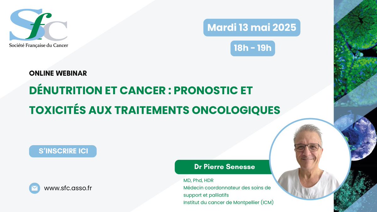 Il reste quelques places pour le Webinaire de la SFC de ce mardi 13/05/2025 à 18h : « Dénutrition et cancer : pronostic et toxicités aux traitements oncologiques ? » donné par le Pr Pierre SENESSE, coordonnateur Soins de support et palliatifs à l’ICM
us02web.zoom.us/webinar/regist…