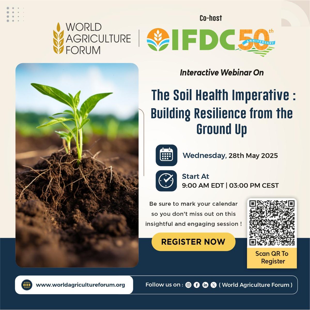 🌱 Webinar Alert!
Join the World Agriculture Forum and <a href="/IFDCGlobal/">IFDC</a>  for a global dialogue on “The Soil Health Imperative: Building Resilience from the Ground Up.”
📅 28 May 2025
🕘 9:00 AM ET | 3:00 PM CEST
🔗 Register now: us06web.zoom.us/meeting/regist…
#SoilHealth