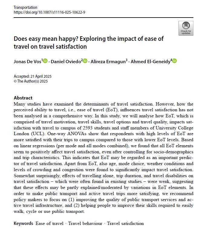 DV_Jonas's tweet image. In this study, we found that Ease of Travel (EoT) positively affects travel satisfaction, even after controlling for other elements. This indicates that EoT is an important predictor of travel satisfaction.
The paper is available OA: doi.org/10.1007/s11116…