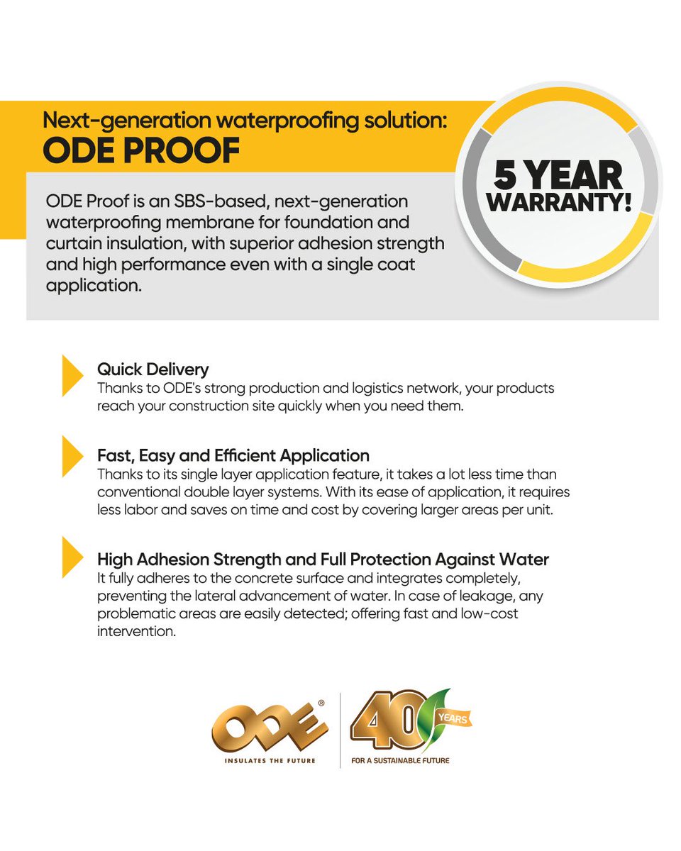 odeinsulation's tweet image. Stay one step ahead in waterproofing with ODE Proof! 

With high structural strength, fast application and a 5-year warranty, we provide complete protection against water.

#ODEInsulation #TechnicalInsulation #BuildingInsulation #Insulation #ODEProof #WaterInsulation