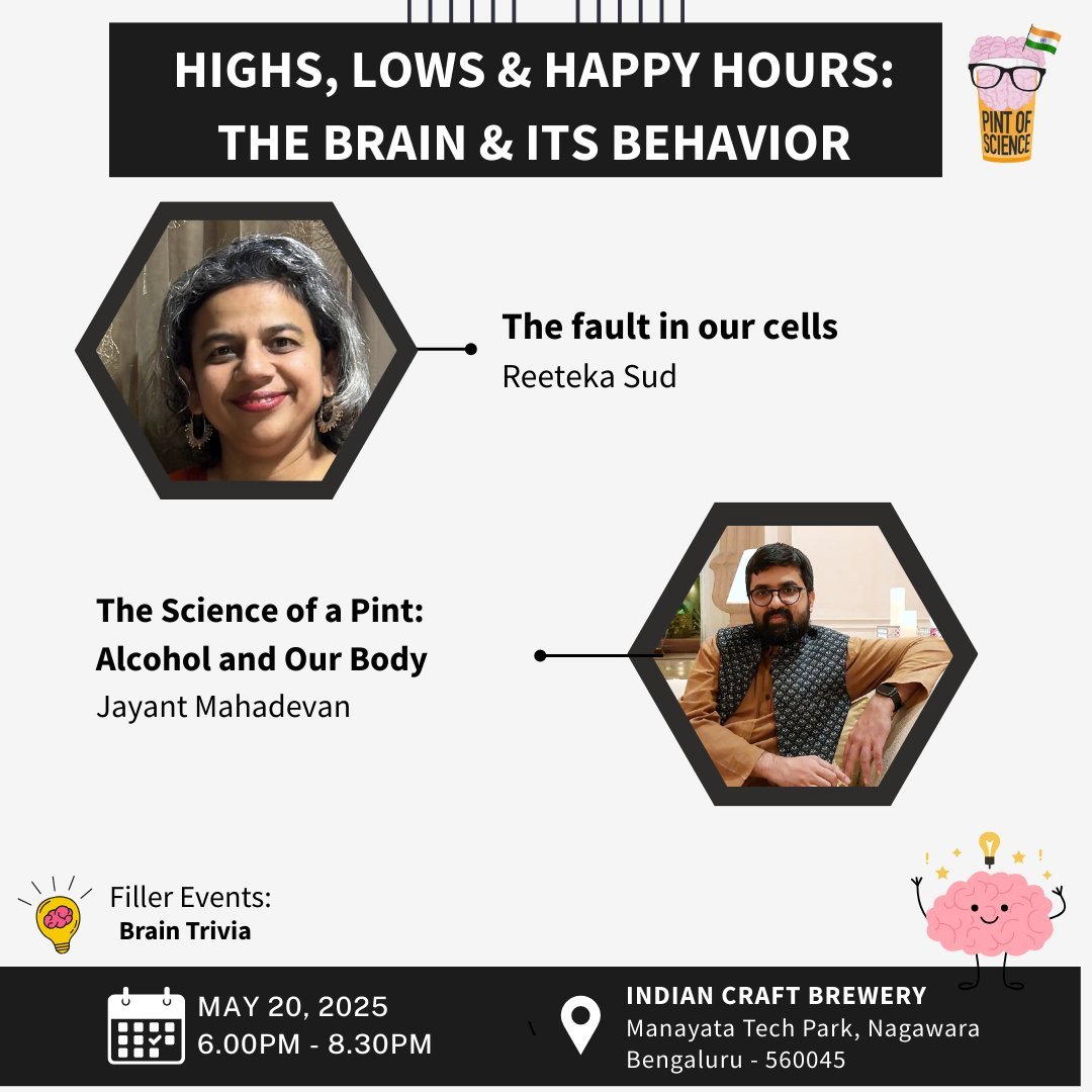 Rohini Nilekani Centre for Brain and Mind-NIMHANS (@cbmnimhans) on Twitter photo We're excited to be part of the inaugural India edition of <a href="/pintofscienceIN/">pintofscienceIN</a>! Spend an evening learning about brain science over a couple of brews with <a href="/reeteka/">Dr. Reeteka Sud (Bluesky: reeteka.bsky.social)</a> & <a href="/JayantMahadevan/">Jayant Mahadevan</a> 🍻
🗓️May 20, 2025
🕕6-8:30 PM
📍Indian Craft Brewery, Nagawara
Buy tickets - tinyurl.com/bdhenzyr We're excited to be part of the inaugural India edition of <a href="/pintofscienceIN/">pintofscienceIN</a>! Spend an evening learning about brain science over a couple of brews with <a href="/reeteka/">Dr. Reeteka Sud (Bluesky: reeteka.bsky.social)</a> & <a href="/JayantMahadevan/">Jayant Mahadevan</a> 🍻
🗓️May 20, 2025
🕕6-8:30 PM
📍Indian Craft Brewery, Nagawara
Buy tickets - tinyurl.com/bdhenzyr