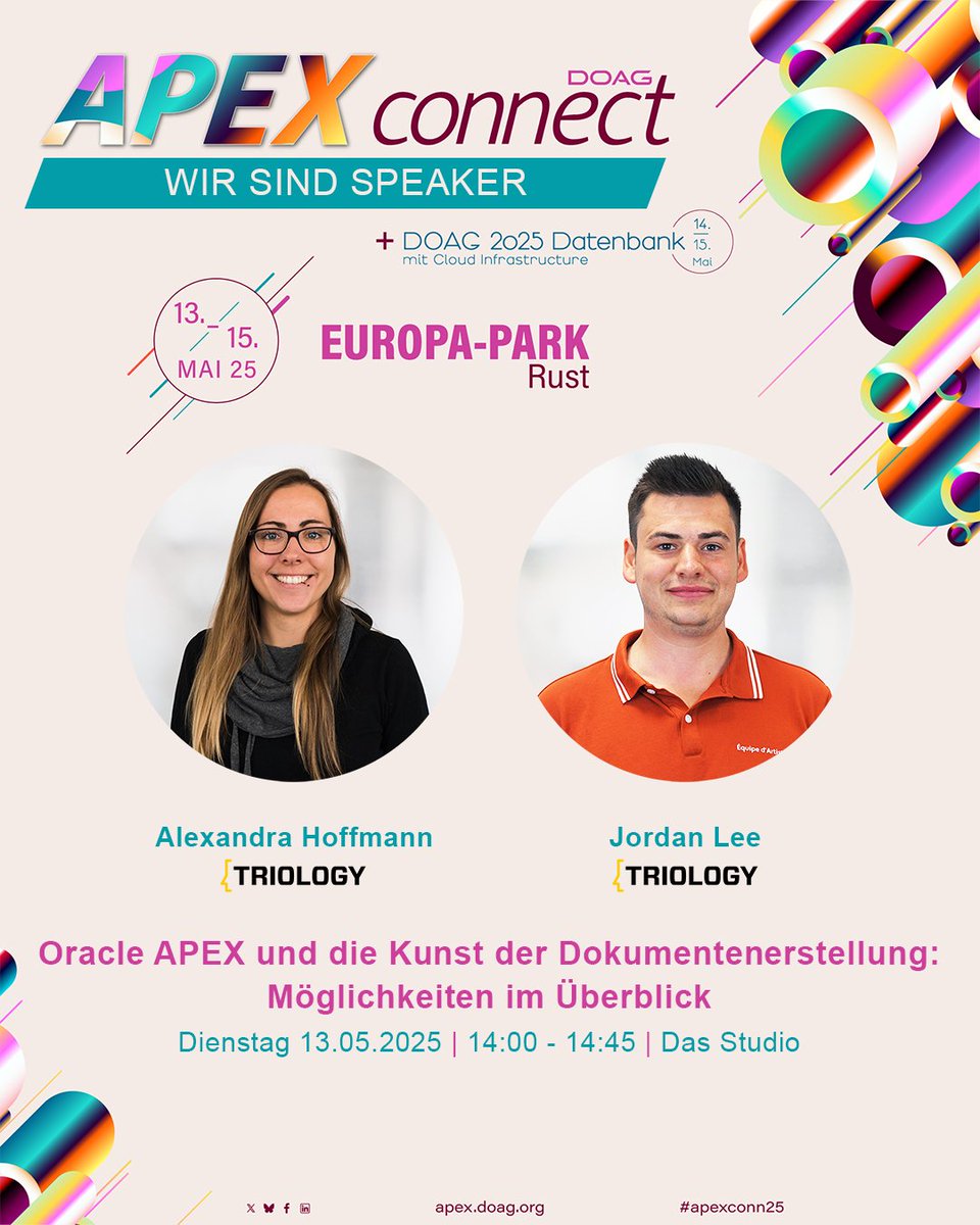 TRIOLOGY GmbH (@triology_gmbh) on Twitter photo 🎤💻 Heute auf der #apexconn25:
@alexandrawelzel und <a href="/JordanL1907/">Jordan Lee</a> mit ihrem Vortrag über die Dokumentenerstellung in Oracle APEX! 📑
💬 Um 𝟭𝟰:𝟬𝟬 𝗨𝗵𝗿 im Raum "𝗱𝗮𝘀 𝗦𝘁𝘂𝗱𝗶𝗼".
Kommt vorbei! 😊
#orclapex 🎤💻 Heute auf der #apexconn25:
@alexandrawelzel und <a href="/JordanL1907/">Jordan Lee</a> mit ihrem Vortrag über die Dokumentenerstellung in Oracle APEX! 📑
💬 Um 𝟭𝟰:𝟬𝟬 𝗨𝗵𝗿 im Raum "𝗱𝗮𝘀 𝗦𝘁𝘂𝗱𝗶𝗼".
Kommt vorbei! 😊
#orclapex