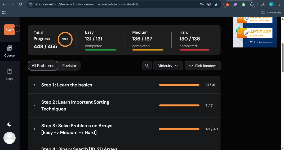 gunani4554's tweet image. 🚀 Almost there! Wrapping up Striver&apos;s A2Z DSA Course 💻🔥
Not stopping yet — starting my revision to lock everything in! 💪
It’s been an incredible learning journey — big thanks to @striver_79 for the amazing roadmap and guidance.
Let’s finish strong!💥
#DSA #StriverA2ZDSA