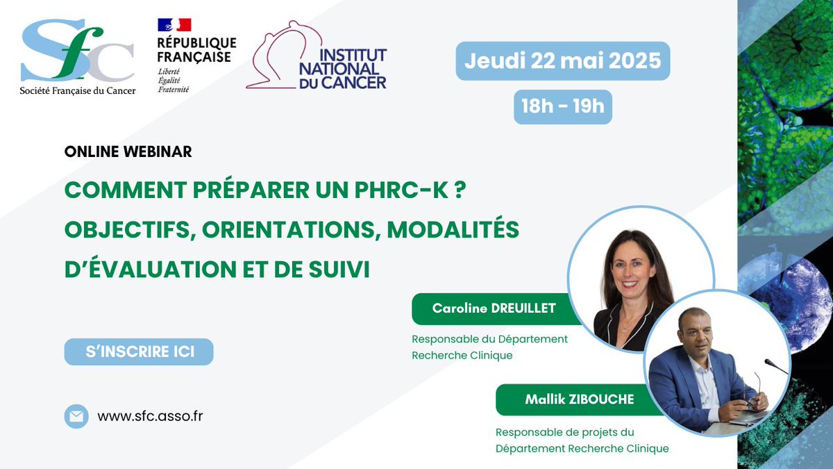 Inscrivez-vous au Webinaire SFC-INCa <a href="/Institut_cancer/">Institut national du cancer</a> du jeudi 22/05/2025 à 18h : "Comment préparer un PHRC-K ? Objectifs, Orientations, Modalités d’évaluation et de suivi" donné par C.  Dreuillet et M. Zibouche, Resp projets Dpt recherche clinique : us02web.zoom.us/webinar/regist…