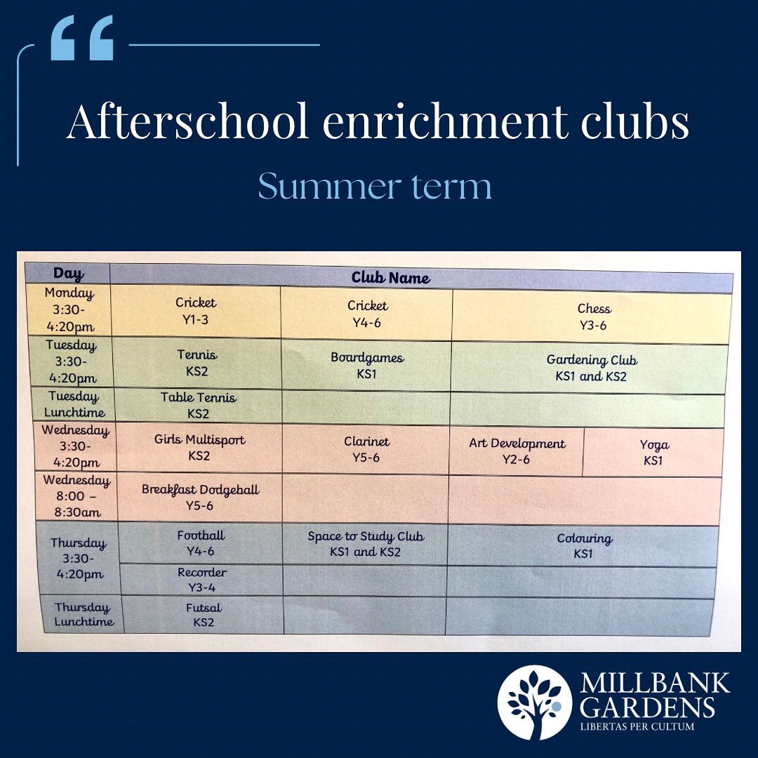 Afterschool Enrichment Clubs are back for the Summer Term! A huge thank you to all the staff who are giving their time and energy to offer these wonderful experiences — your commitment makes a real difference in our children’s lives