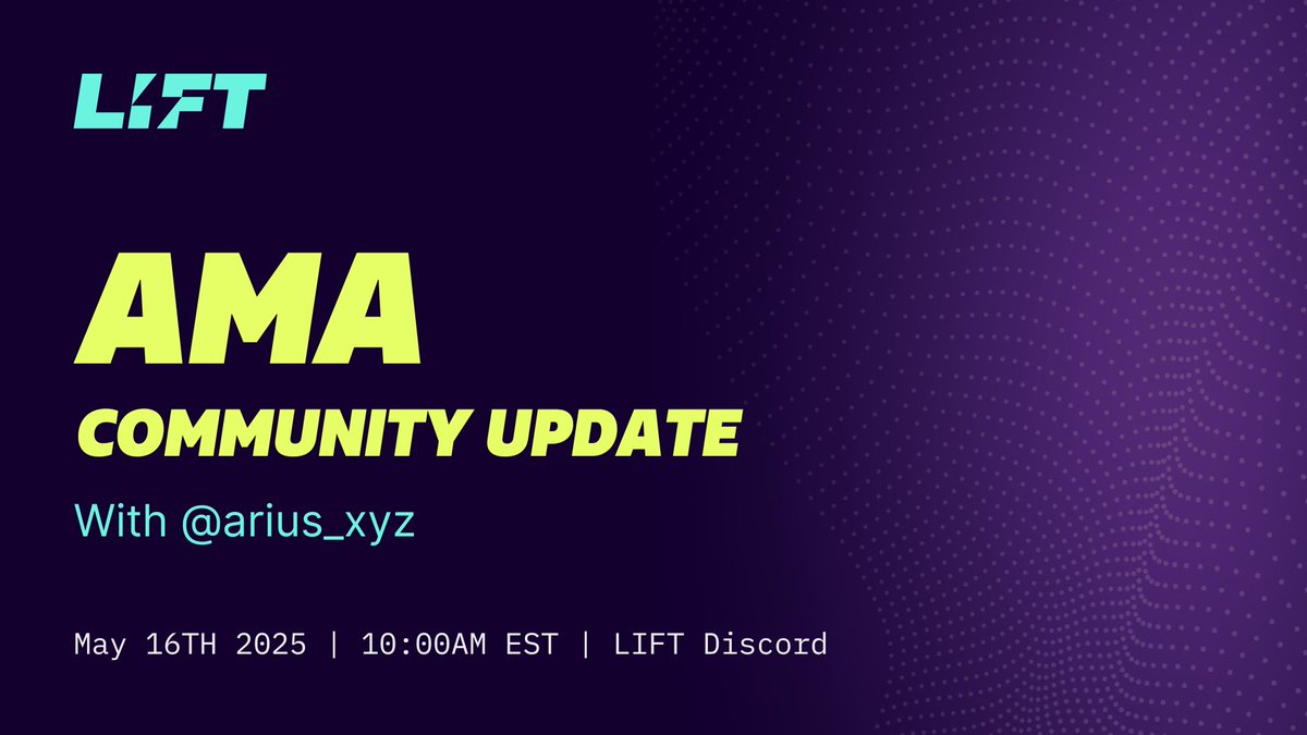 LIFT⚡️ (@liftdataai) on Twitter photo This Friday at 10am EST, our founder <a href="/arius_xyz/">Arius | Building LIFT⚡️</a> is jumping into Discord for an open AMA.
What’s next for LIFT, what’s in the works, and whatever you want to throw his way.
Come hang. Ask questions ⚡️
Join here 👉discord.gg/liftdata This Friday at 10am EST, our founder <a href="/arius_xyz/">Arius | Building LIFT⚡️</a> is jumping into Discord for an open AMA.
What’s next for LIFT, what’s in the works, and whatever you want to throw his way.
Come hang. Ask questions ⚡️
Join here 👉discord.gg/liftdata