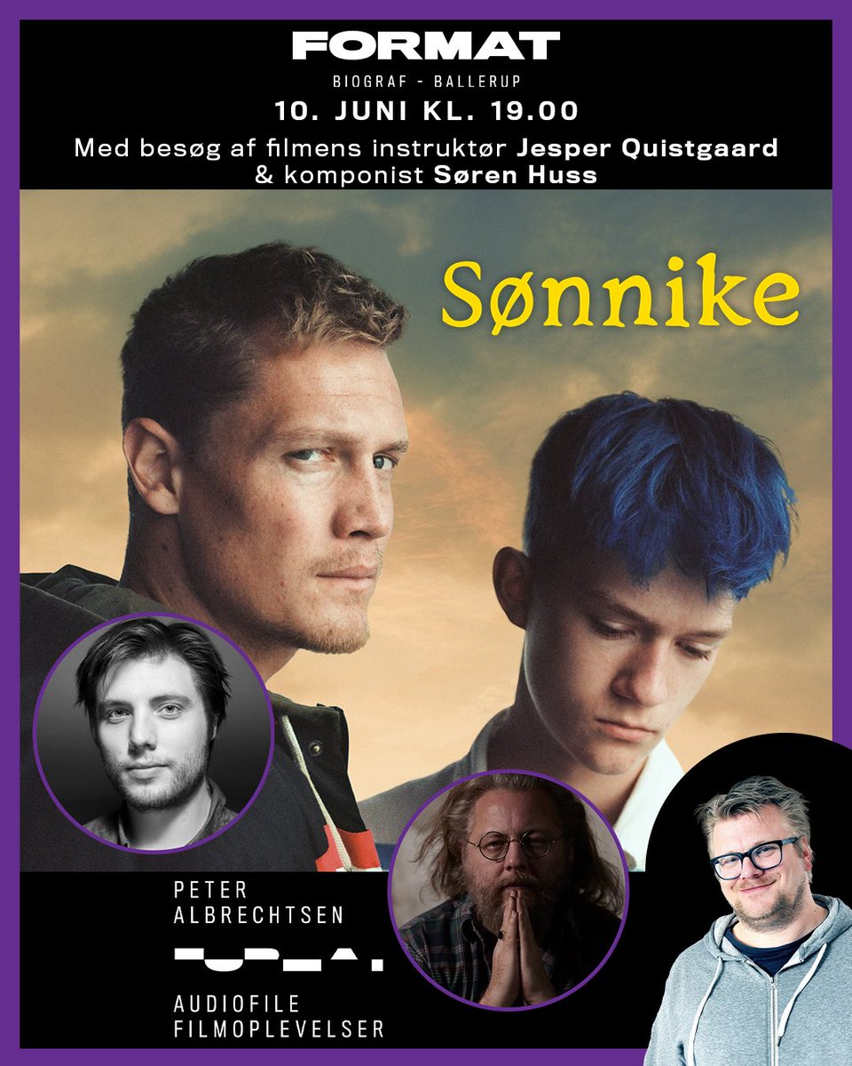 Så er der eventplakat til næste aften i min #filmlydklub i Format Biograf. Det bliver en særlig visning af Sønnike, som jeg har lavet lyddesign til, hvor instruktør Jesper Quistgaard, komponist Søren Huss og jeg taler om vores samarbejde på filmen. Billet: formatbio.dk/order_movie_ti…