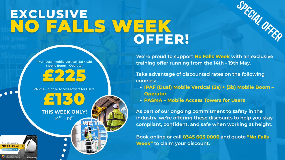 To kick off No Falls Week, we’re offering an exclusive discount on our IPAF Dual (3a &amp; 3b) and PASMA Towers for Users courses. Available from the 14th-19th May.

IPAF dual: hsstraining.com/course/ipaf-du…?

PASMA for users training here: hsstraining.com/course/pasma-m…?