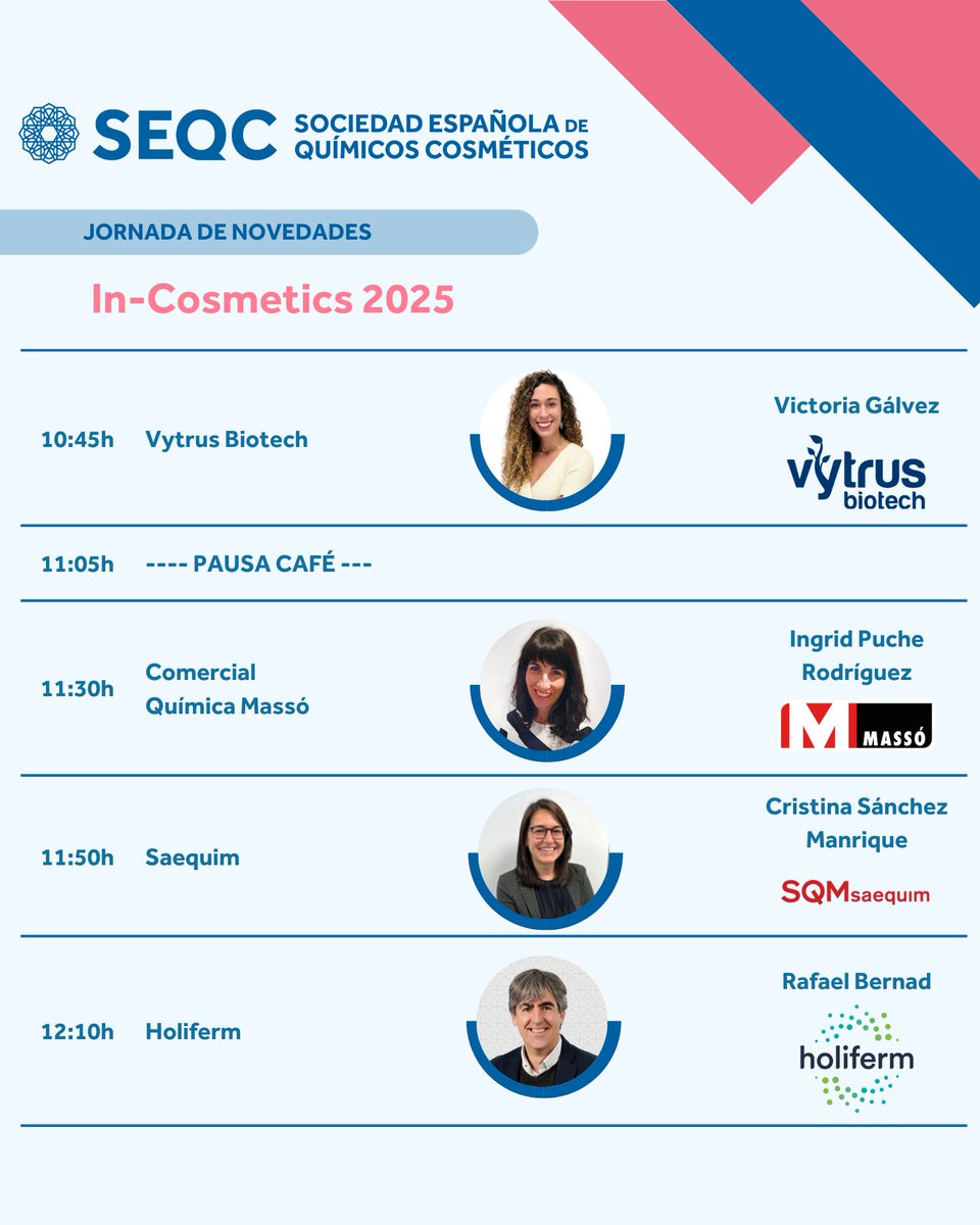 e_SEQC's tweet image. 🔬 ¡Ya puedes consultar el programa completo de la jornada #InCosmetics en Valencia!

📅 Miércoles, 28 de mayo
📍 ADEIT – Universitat de València
🕘 9:00 a 18:30 h
👉 e-seqc.org/curs/68/Jornad…

#SEQC #Cosmética #Formulación #Ingredientes #Innovación #Networking #SomosSEQC