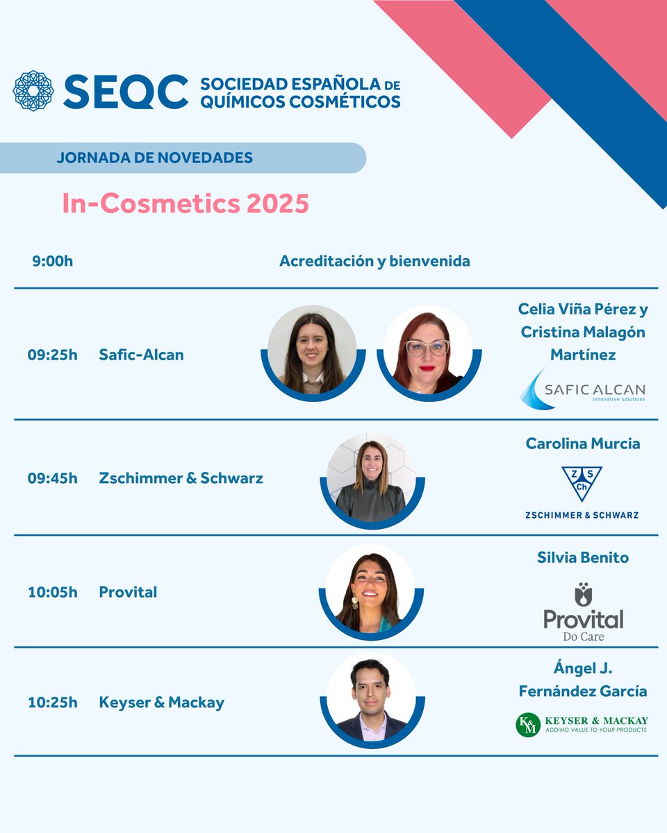 e_SEQC's tweet image. 🔬 ¡Ya puedes consultar el programa completo de la jornada #InCosmetics en Valencia!

📅 Miércoles, 28 de mayo
📍 ADEIT – Universitat de València
🕘 9:00 a 18:30 h
👉 e-seqc.org/curs/68/Jornad…

#SEQC #Cosmética #Formulación #Ingredientes #Innovación #Networking #SomosSEQC