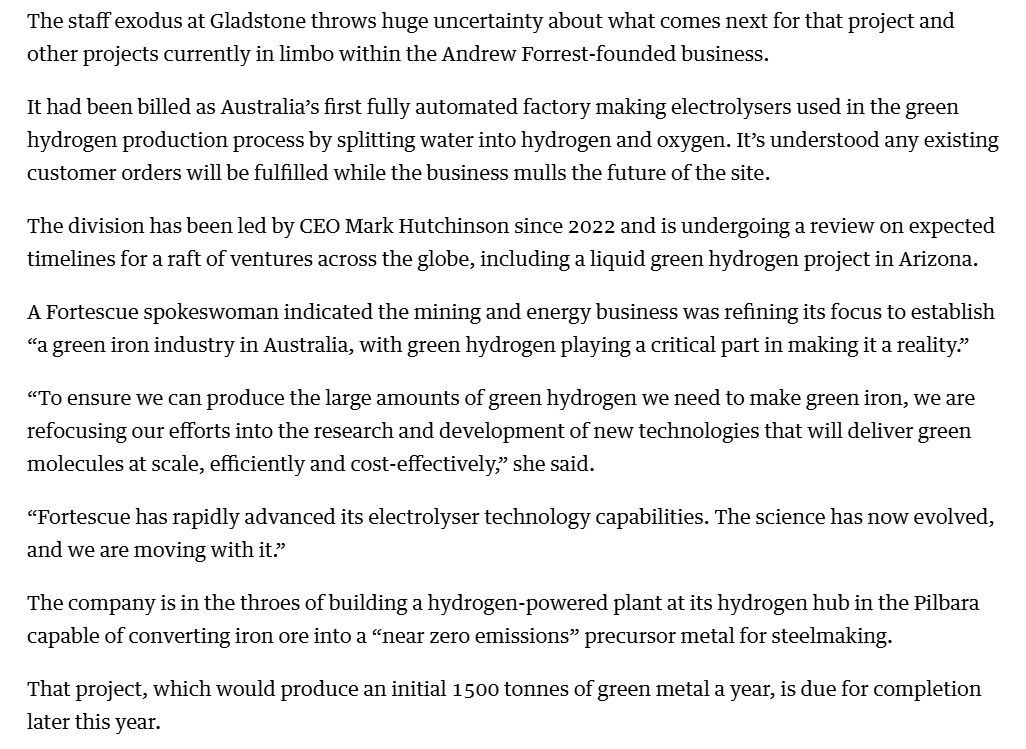 HC_Haplo's tweet image. He choose poorly

Future of Fortescue hydrogen project in serious doubt as 90 let go from Perth and Queensland