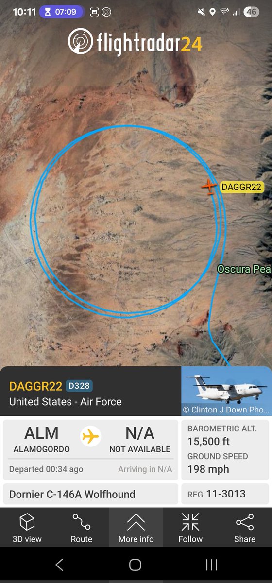 norb420's tweet photo. 4) #AE6E80 as #DAGGR22 
#AE07CB as #HIRE76
#AE07D as #HIRE75
#A1AFEA as #BOE8BX 
#A2A47D as #N27DQ 

After takeoff DAGGR22 climbed to 15,500 feet and entered White Sands Missile Range setting up a 6 mileish wide left turning orbit around the Trinity site😁. Broke the orbit after 7 times around and set up a racetrack pattern did 4 laps and returned back to orbiting the Trinity site. About 7 times around again, broke the orbit did a little wiggle and returned to KALM landing at 1:27AM local. Flight time of 2 hours 50 minutes.

HIRE75 and HIRE76 were up from Albuquerque Sunport KABQ sounded like the were have a difficulties getting in contact with Cherokee(White Sand Control) and had to set up and orbit and wait for clearance to enter WSMR, they only had to do a round or two before going in. Looked like they set up a racetrack pattern at 12,000 feet and did their work south of DAGGR22's patterns. 

N27DQ got clearance down to White Sands, taxed out and then had to taxi back a short time later.

BOE8BX made the trek down from Santa Fe, just north of Socorro they let Albuquerque center know the night's event was canceled and they needed to return back to Santa Fe. From about 8:10pm till the radio call from BOE8BX airliners were reporting gps and Ads-b issues to Albuquerque center. 

We'll see what tomorrow night brings.....