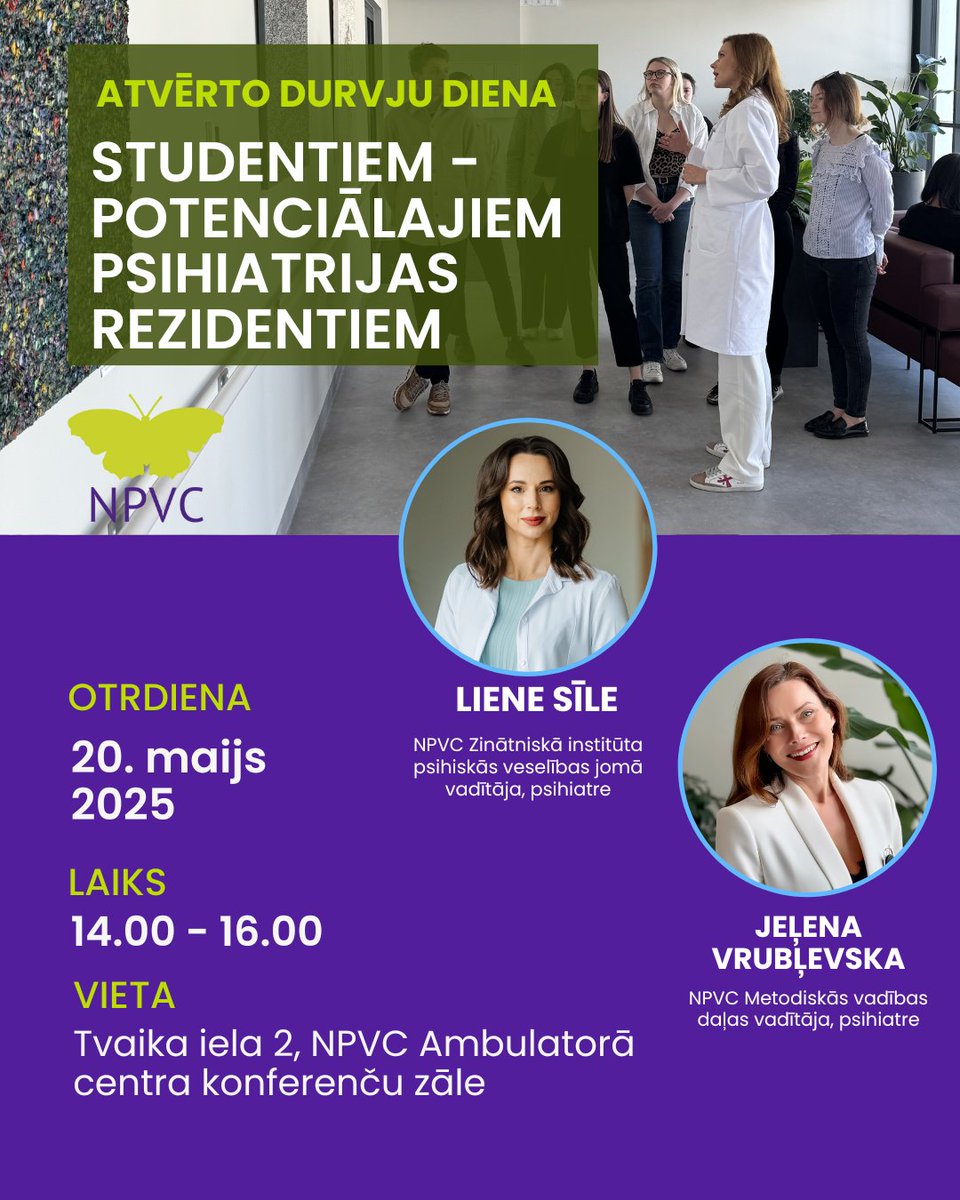 Otrdien, 20. maijā no plkst. 14.00 līdz 16.00, NPVC Tvaika ielā 2, Ambulatorā centra konferenču zālē notiks Atvērto durvju diena studentiem – īpaši aicināti ir medicīnas studenti un topošie rezidenti, kuri interesējas par karjeru psihiatrijā.