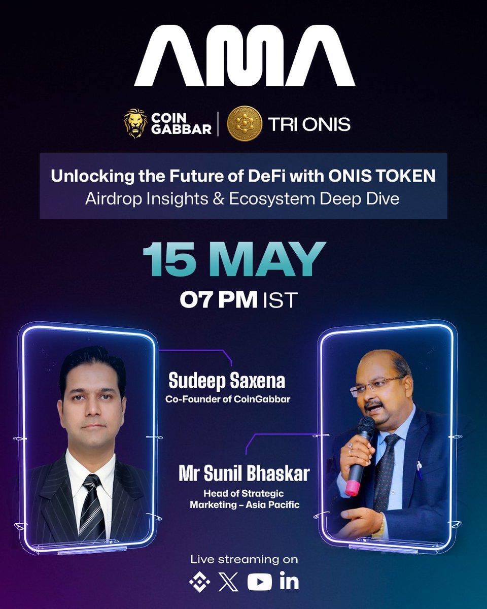 Coin Gabbar (@coin_gabbar_) on Twitter photo π¨ #AMA ALERT π¨
Join us for an exclusive AMA: "Unlocking the Future of DeFi with ONIS TOKEN: Airdrop Insights & Ecosystem Deep Dive" π₯
π
Date: 15th May 2025
π Time: 7 PM IST
ποΈ Guest: <a href="/tiger_sunil/">Sunil Bhaskar</a>, Head of Strategic Marketing β Asia Pacific
π¨βπΌ Host: <a href="/CMASUDEEPSAXENA/">SUDEEP SAXENA</a> , π¨ #AMA ALERT π¨
Join us for an exclusive AMA: "Unlocking the Future of DeFi with ONIS TOKEN: Airdrop Insights & Ecosystem Deep Dive" π₯
π
Date: 15th May 2025
π Time: 7 PM IST
ποΈ Guest: <a href="/tiger_sunil/">Sunil Bhaskar</a>, Head of Strategic Marketing β Asia Pacific
π¨βπΌ Host: <a href="/CMASUDEEPSAXENA/">SUDEEP SAXENA</a> ,