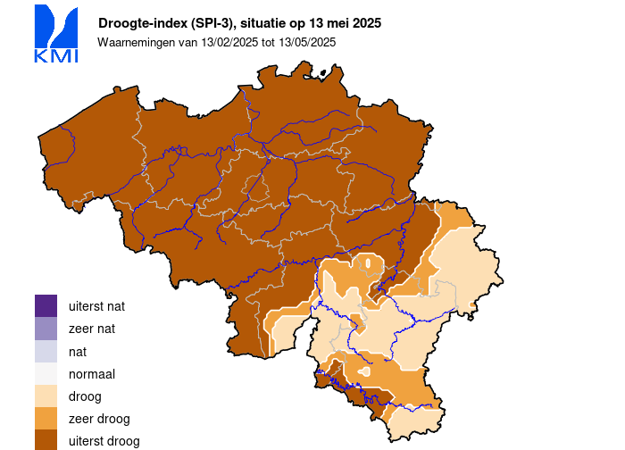Vanaf vandaag is heel Vlaanderen "uiterst droog" volgens de droogte-index van het KMI ...
