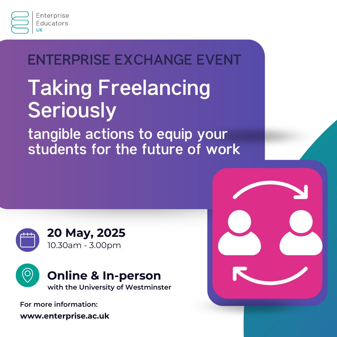 With more graduates embracing portfolio careers, it's vital enterprise educators are equipped with strategies to identify and engage students in freelancing.
 
📅 20 May
📍 University of Westminster/online
🎙️ Hear insights from educators &amp; freelancers

🔗enterprise.ac.uk/events/taking_…